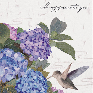 I Appreciate You Hummingbird & Hydrangea - Greeting Card