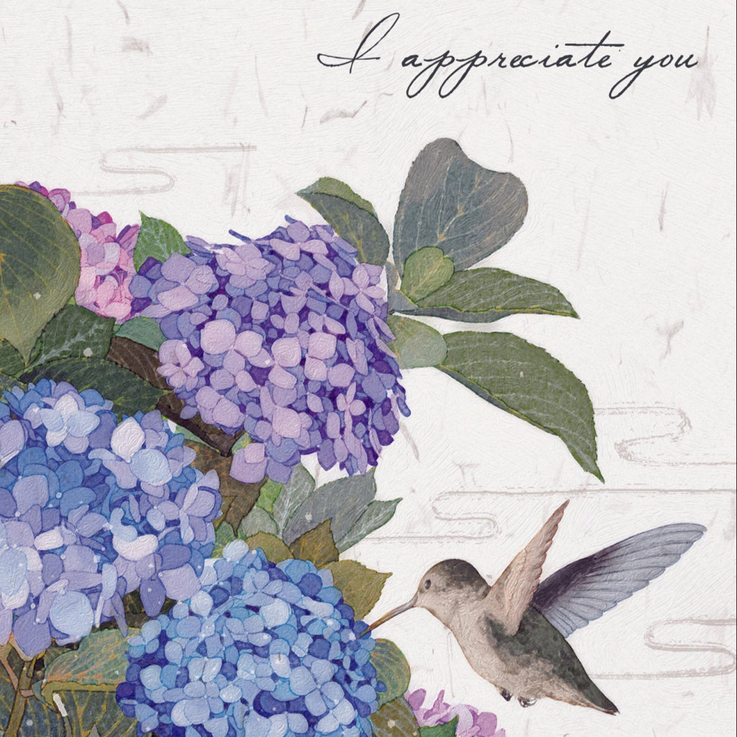 I Appreciate You Hummingbird & Hydrangea - Greeting Card