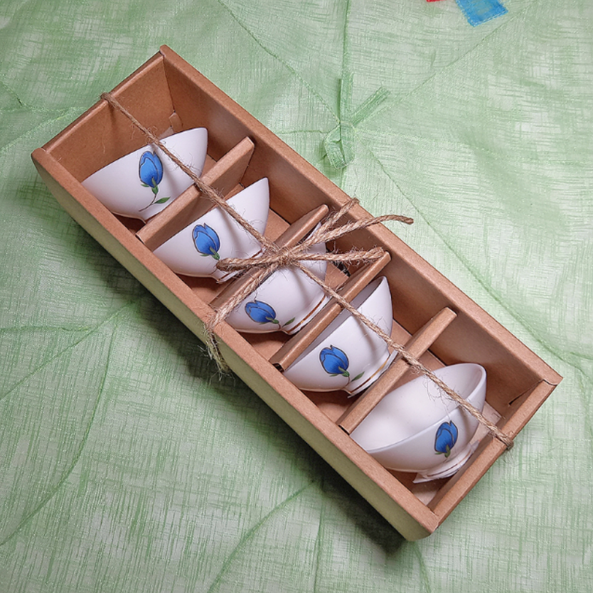 White Porcelain Blue Tulip - 5 Cup Set