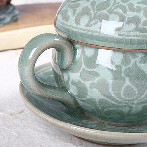 Round Celadon Arabesque Tea Cup with Saucer