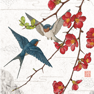 Red Blossom Birds - Greeting Card
