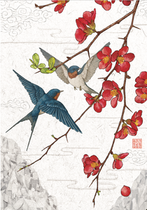 Red Blossom Birds - Greeting Card