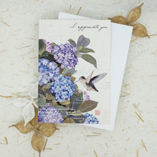 Load image into Gallery viewer, I Appreciate You Hummingbird &amp; Hydrangea - Greeting Card