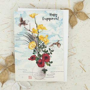 Happy Engagement Flowers and Birds - Greeting Card