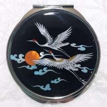 Load image into Gallery viewer, Mother of Pearl Compact Mirror - Two Cranes Flying in Black Sky