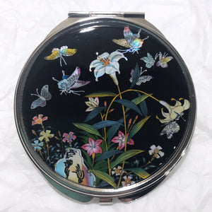 Mother of Pearl Compact Mirror - Butterflies in the Lily Garden
