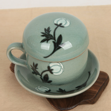 Load image into Gallery viewer, Celadon Peony Tea Cup with Saucer