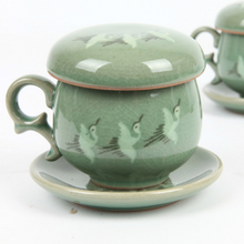 Load image into Gallery viewer, Round Celadon Crane Tea Cup with Saucer