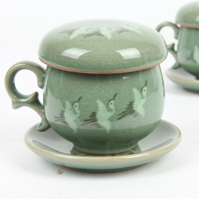 Round Celadon Crane Tea Cup with Saucer