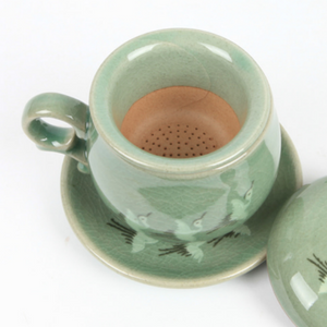 Round Celadon Crane Tea Cup with Saucer