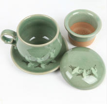 Load image into Gallery viewer, Round Celadon Crane Tea Cup with Saucer
