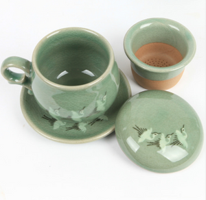 Round Celadon Crane Tea Cup with Saucer