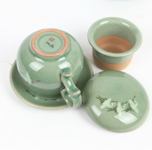 Load image into Gallery viewer, Round Celadon Crane Tea Cup with Saucer