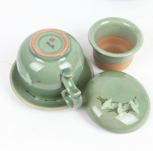 Round Celadon Crane Tea Cup with Saucer