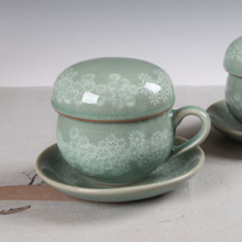 Load image into Gallery viewer, Chrysanthemum Celadon Inhwa Tea Cup with Saucer