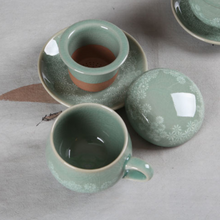 Load image into Gallery viewer, Chrysanthemum Celadon Inhwa Tea Cup with Saucer