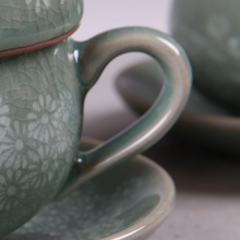 Load image into Gallery viewer, Chrysanthemum Celadon Inhwa Tea Cup with Saucer