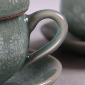 Chrysanthemum Celadon Inhwa Tea Cup with Saucer