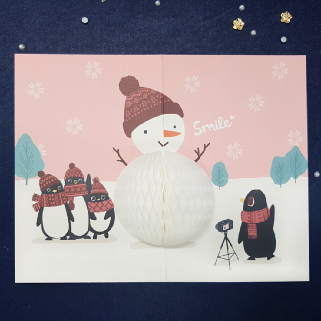 Honeycomb 3D Card - Penguin Snowman