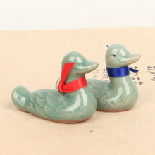 Load image into Gallery viewer, Red and Blue Ribbon Celadon Ducks (set)
