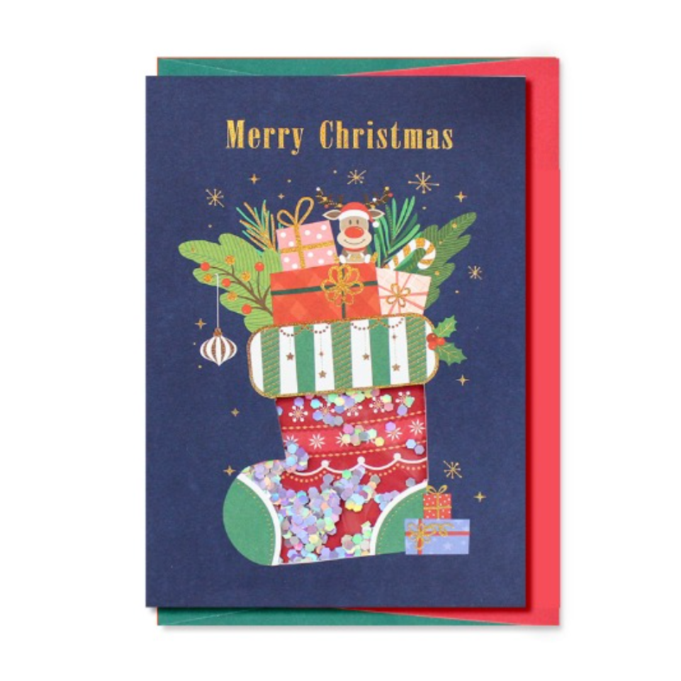 Merry Christmas Glitter Stocking - Greeting Card