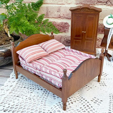 Miniature Red Striped Antique Wood Bed